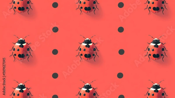 Fototapeta Ladybugs on vibrant red background with polka dot pattern