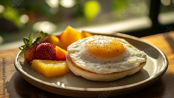 Fototapeta ガラス窓の逆光に包まれた朝食プレート