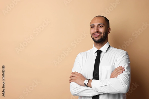 Fototapeta Portrait of businessman on beige background, space for text