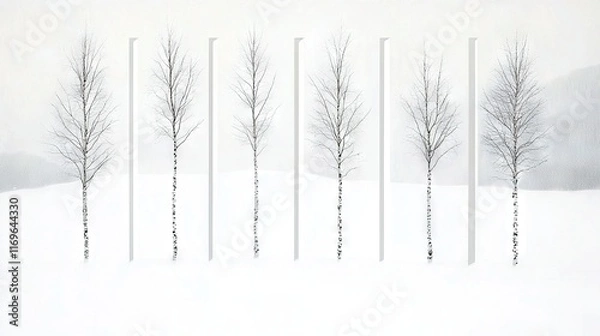 Fototapeta   A row of trees in snow against white backdrop, with trees in front