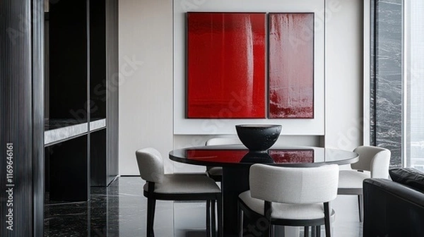 Fototapeta Modern Dining Room With Red Abstract Artwork