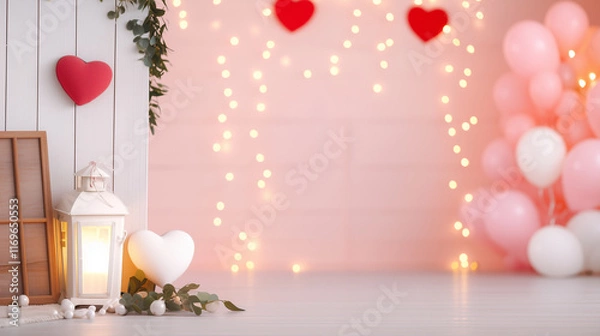 Fototapeta A beautifully decorated photo zone for Valentine's Day, February 14, 2025, offering the perfect backdrop for couples to capture their love. Featuring romantic elements like heart-s