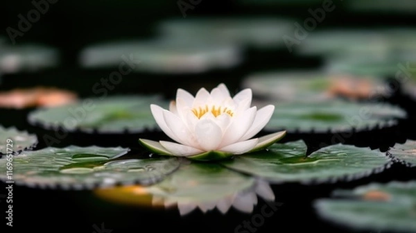 Obraz white water lily resting on calm dark pond with glistening dew drops and peaceful serene floating leaves copyspace concept of spa wellness botanical therapy