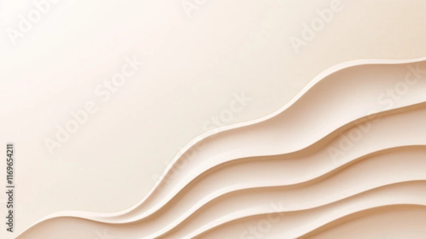 Fototapeta Elegant Banner Featuring White 3D Waves and Beige Embossed Soft Texture: Creamy Sandy Surface with Copy Space for Minimalistic Design 3D waves texture, beige glossy texture, sandy