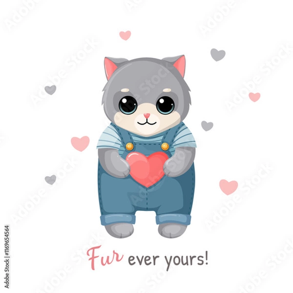 Fototapeta Kitten in denim overalls, holding a heart in its paws. Valentines Day card with funny lettering. Romantic element for print, stickers, greeting card design.