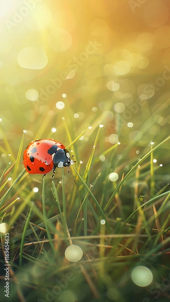 Fototapeta Butterfly on grass in sunny nature with glowing bokeh