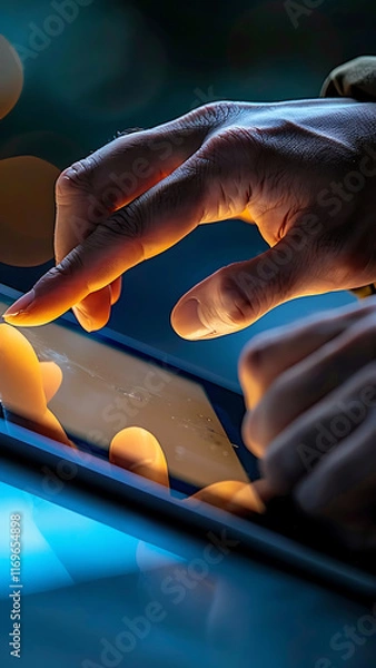 Fototapeta Hands typing with glowing futuristic keyboard