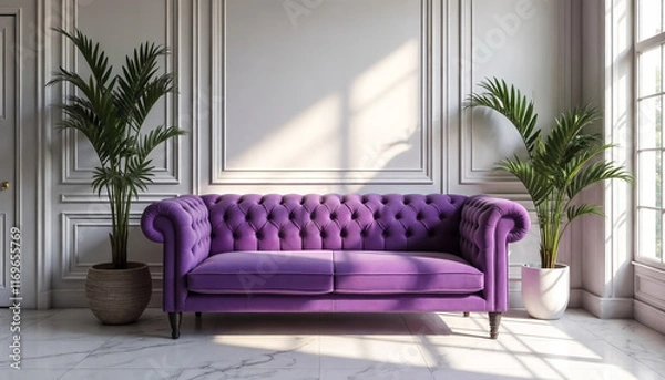 Fototapeta Soft purple premium-quality sofa in a minimalist interior with beautiful lighting