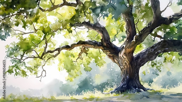 Fototapeta Detailed watercolor painting of a majestic oak tree with sprawling branches and lush foliage isolated on a clean white background serene natural forest scenery. Sylvan. Illustration