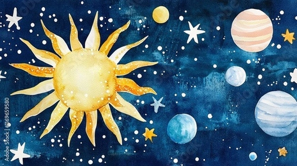 Fototapeta   A painting of a sun surrounded by stars and planets against a deep blue backdrop with added snowflakes