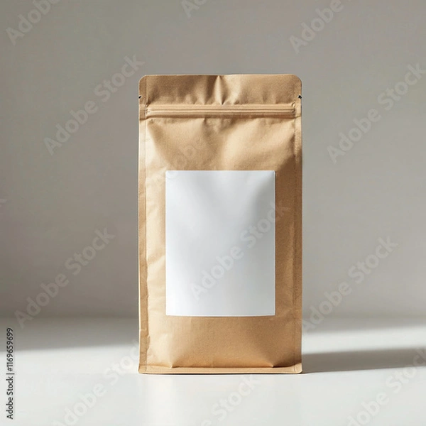 Fototapeta A coffee concept prepared for mockup, with a matte kraft coffee package and blank white label on light background	