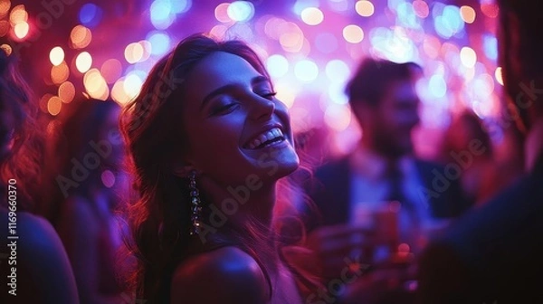 Obraz Festive holiday party, guests laughing and dancing, vibrant lights and decorations, joyful and celebratory atmosphere