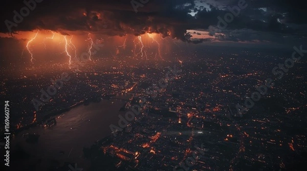 Fototapeta Dramatic Storm Over City with Lightning Strikes at Dusk