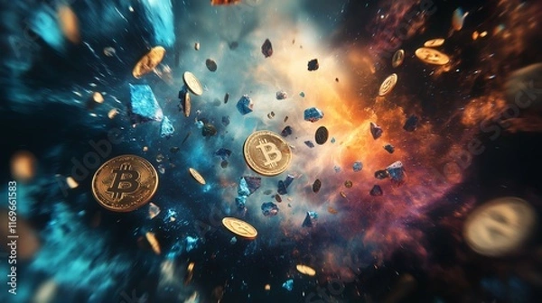 Fototapeta Cryptocurrency Investments: Shards of digital currencies floating in a nebula-like expanse, capturing the volatility and excitement of cryptocurrency markets