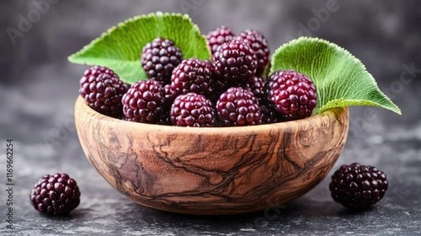Fototapeta Fresh Blackberries in Rustic Wooden Bowl