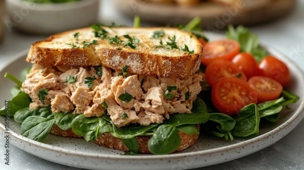 Fototapeta Tuna salad sandwich on toasted bread with spinach and cherry tomatoes.