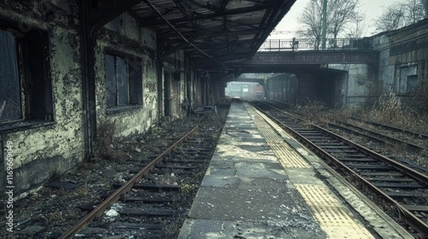 Fototapeta Abandoned Train Station with Overgrown Tracks in a Gloomy Setting