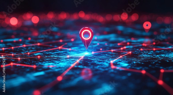 Fototapeta 3D illustration of data technology, with location pins on a digital map background, and blue and red glowing lines
