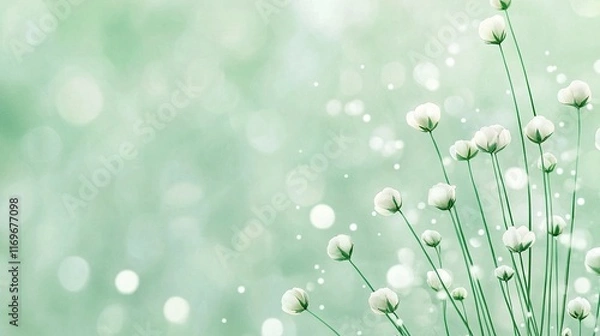 Fototapeta   A close-up of white flowers on a green background with water droplets on their petals