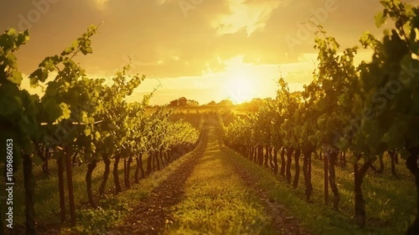 Fototapeta Golden Hour in Vineyard with Rows of Grapevines Under Sunset