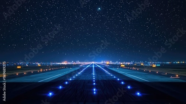 Fototapeta Nighttime Airport Runway with Starry Sky and Illuminated Lights