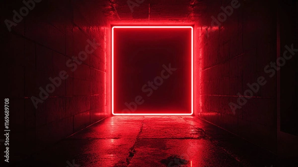 Fototapeta Mysterious red neon square illuminates a dimly lit corridor in an underground space. Generative AI