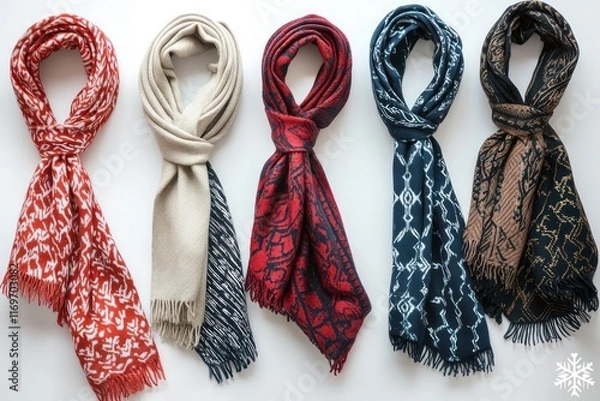 Fototapeta Patterned winter scarf arranged on a solid white background, highlighting intricate designs