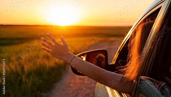 Fototapeta Happy woman with her hand up getting out of a car with open window and a meadow and a mountain lake in the background. Relaxed lifestyle of a traveler on a road trip on vacation. Transportation and tr