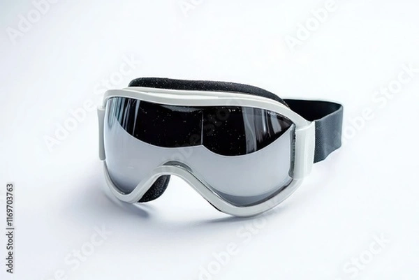 Fototapeta Protective snow goggles resting on a white background, ideal for skiing and snowboarding