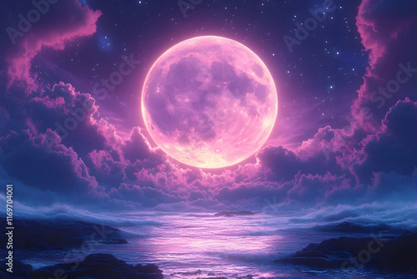 Obraz Pink full moon rising over calm ocean, surrounded by purple clouds and stars.
