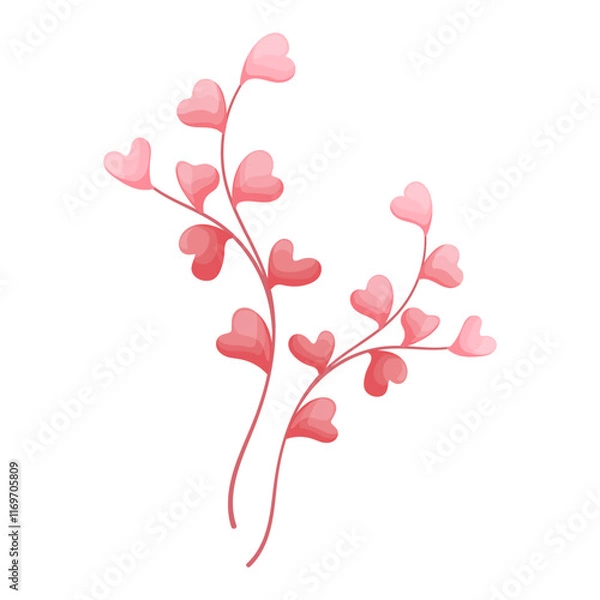 Fototapeta Beautiful twigs with pink heart shaped leaves isolated on white background. Vector botanical element for Valentine s Day. Perfect for romantic cards, logo, decorations, spring and summer designs.