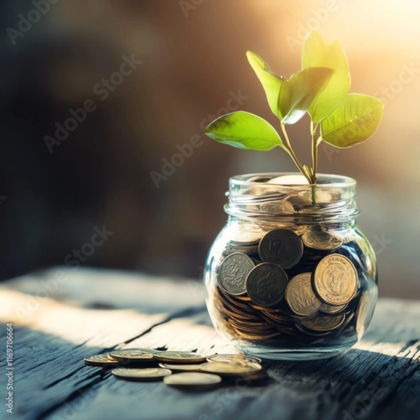 Fototapeta Investment growth with coins and plant in jar.