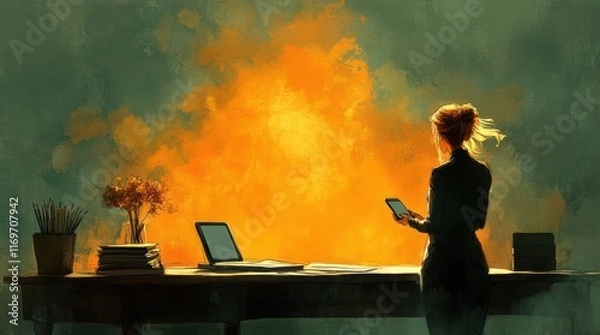 Fototapeta Woman observing a fire in a dimly lit room.