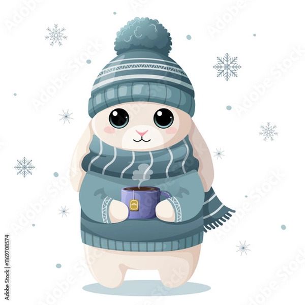 Fototapeta A funny bunny in a warm hat and scarf with a cup of hot tea. Rabbit in sweater with coffee cup on a background of snowflakes. A wonderful color illustration for print design, kids wear, book design