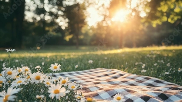 Fototapeta Sunny backyard picnic with a checkered blanket and blooming wildflowers, sharp natural details, warm lighting,