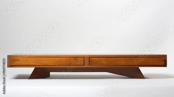 Fototapeta Low wooden media console, studio shot, minimalist background, home decor.