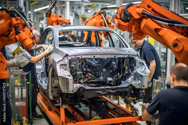 Obraz Precision at play: General Motors Car Assembly Line, A Dynamic Blend of Manpower and Robotics