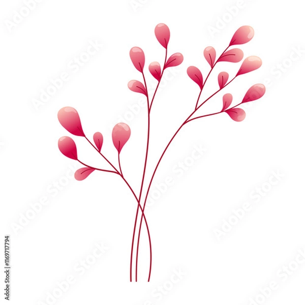 Fototapeta Beautiful twigs with pink leaves isolated on white background. Vector botanical element for Valentine s Day. Perfect for romantic cards, logo, decorations, spring and summer designs.