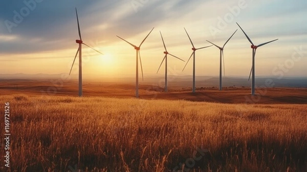Fototapeta Wind turbines generating clean energy at sunset in a golden field