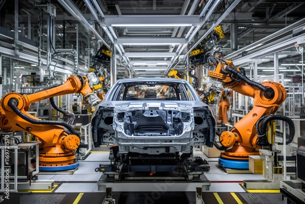 Obraz Precision at play: General Motors Car Assembly Line, A Dynamic Blend of Manpower and Robotics