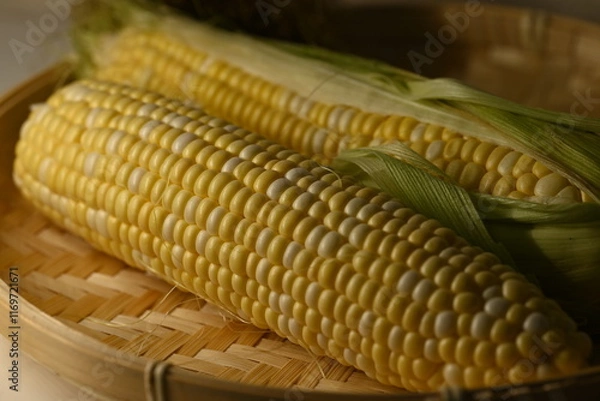 Fototapeta 皮を剥いた生のとうもろこし