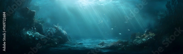 Fototapeta Tranquil underwater scene with light rays filtering through the ocean depths, creating a serene wallpaper effect