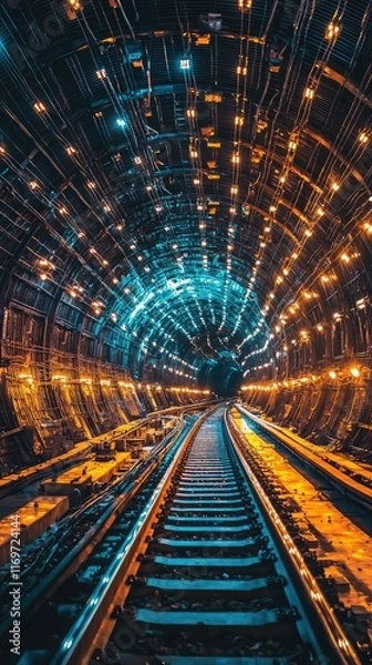 Fototapeta Illuminated Tunnel with Vibrant Lights and Railway Track Depth