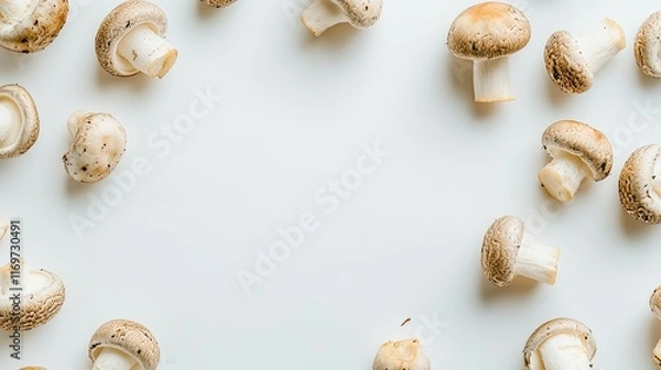 Obraz Frame of fresh brown mushrooms on white background.