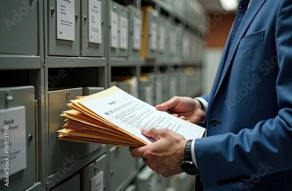 Obraz Person reviewing documents in an office mailroom during a workday at a corporate environment