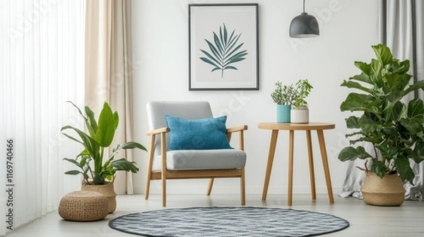 Fototapeta A light and airy home living room interior featuring a comfortable armchair and a dining table, complemented by a mockup frame on the wall.