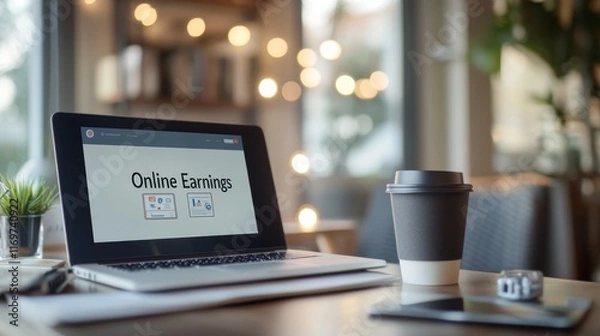 Fototapeta Creative Workspace with Laptop and Coffee Cup in Modern Setting for Online Earnings and Productivity