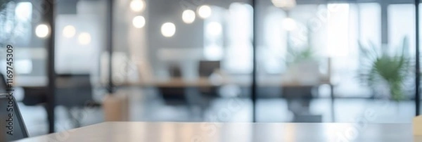 Fototapeta blurred office interior, glass partition, bokeh lights, modern workspace, out of focus background, corporate environment, soft lighting, minimalist design, clean aesthetic, professional setting, refle