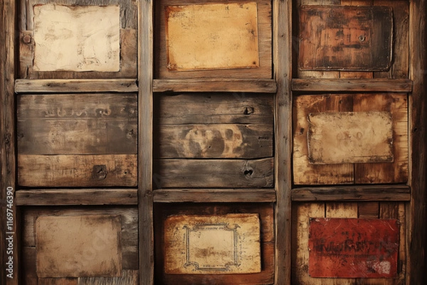 Fototapeta Rustic wooden wall with vintage signage panels