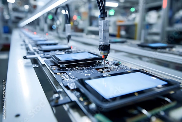Fototapeta Automated robotic arm placing components on circuit boards along a manufacturing assembly line